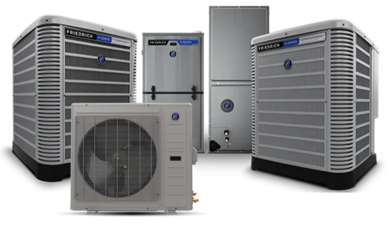 Cluster of Friedrich-brand air conditioning units: two large outdoor condensers, a central vertical cabinet, and a compact outdoor compressor.