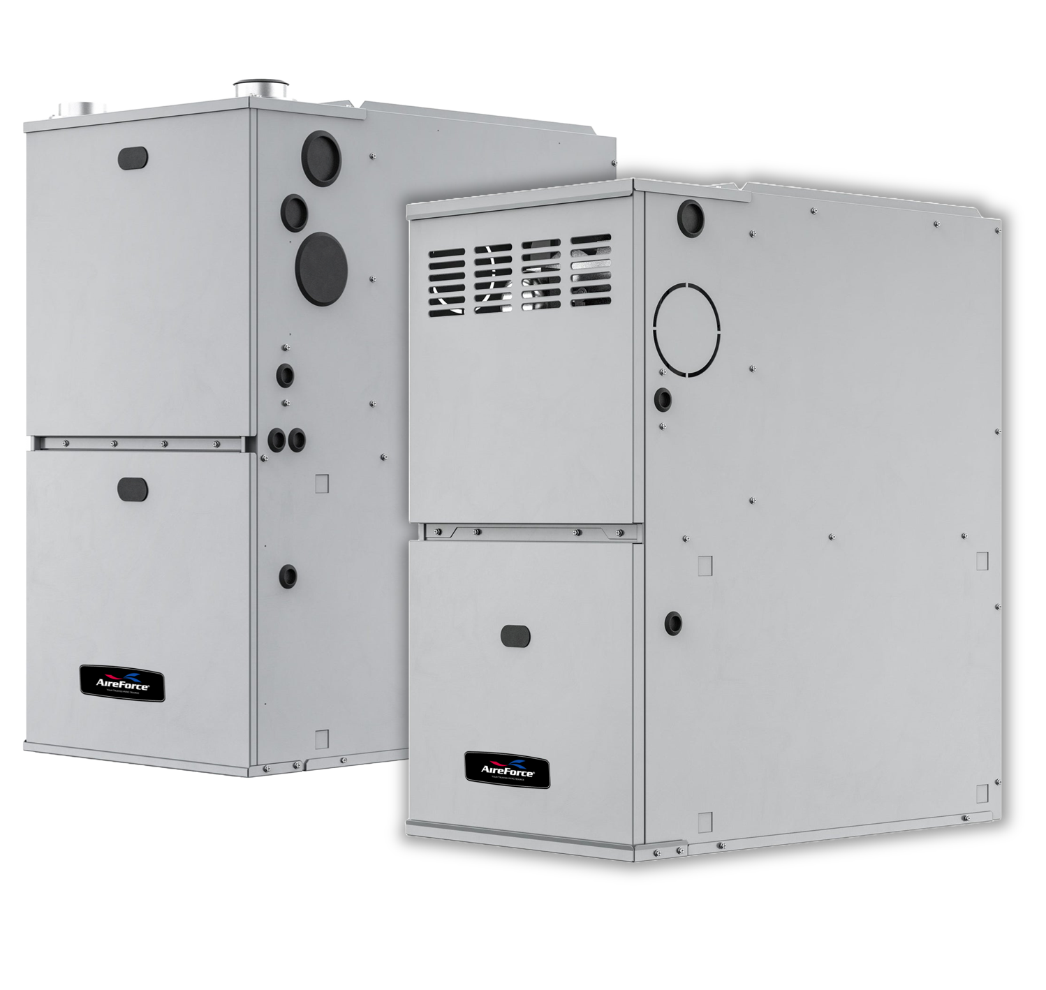 Large gray industrial HVAC unit with multiple panels, circular vents, and AireForce branding on the front panel.