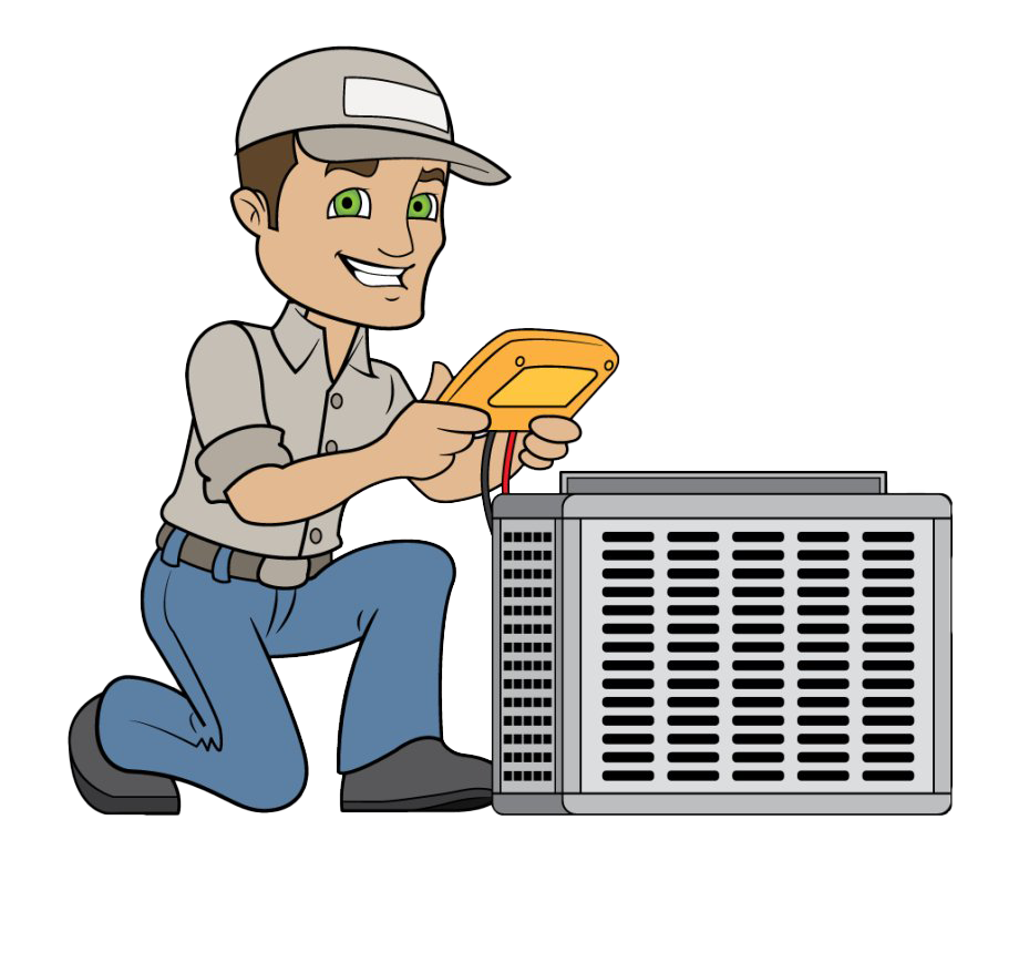 ac-service HVAC technician kneeling and using a handheld tester on an outdoor air conditioner unit.