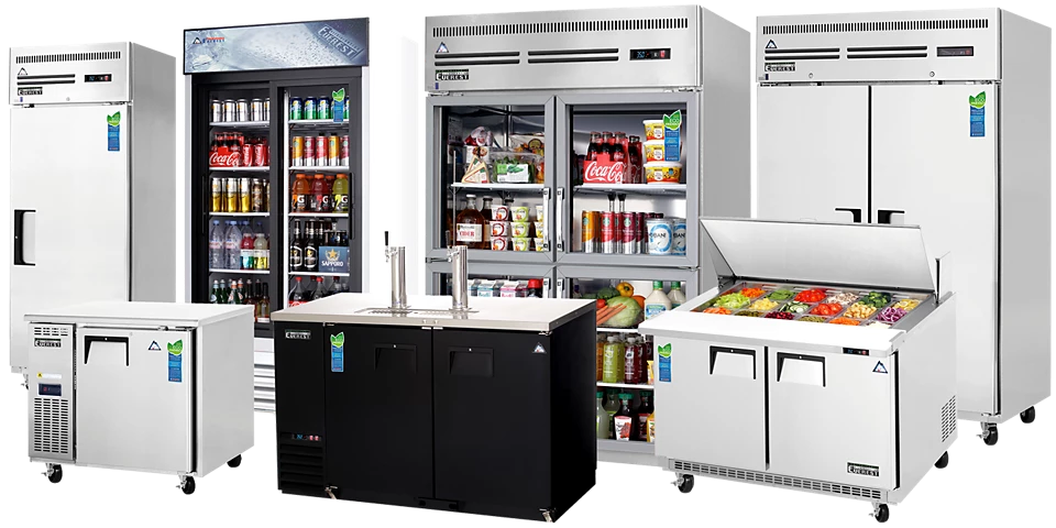 Set of commercial refrigeration units and a prep counter for a professional kitchen, including glass-door cooler and cold food display.